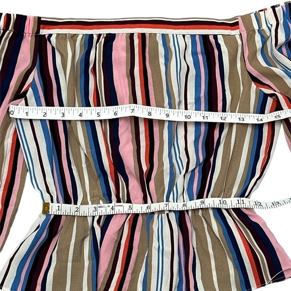 Lulu’s Off the Shoulder, Peplum Ruffled Cuff Bow Tie Cuffs Striped Top - Picture 8 of 13